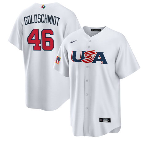 Men's USA Baseball #46 Paul Goldschmidt 2023 White World Baseball Classic Replica Stitched Jersey